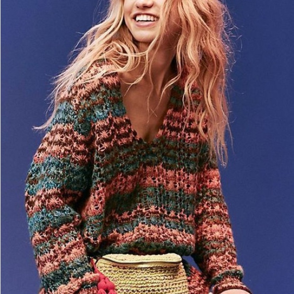 Free People Crochet Pullover C-Neck Mohair Wool Blend Sweater Size L